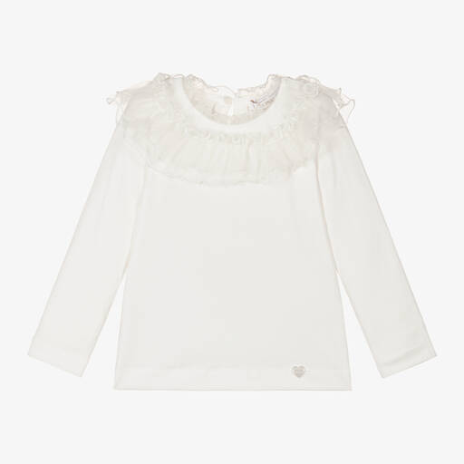 Monnalisa-Кремовый топ из хлопкового джерси с воротником | Childrensalon Outlet