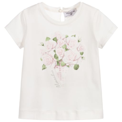 Monnalisa-Girls Ivory Cotton T-Shirt | Childrensalon Outlet