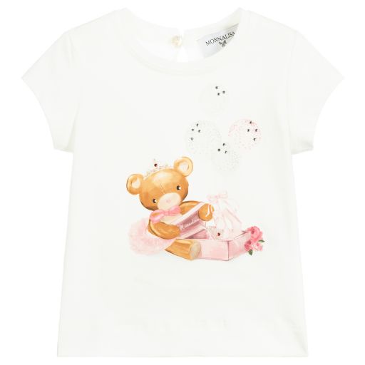 Monnalisa-Girls Ivory Cotton T-Shirt | Childrensalon Outlet