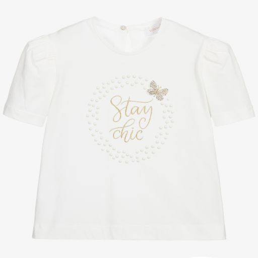 Monnalisa-Girls Ivory Cotton T-Shirt | Childrensalon Outlet