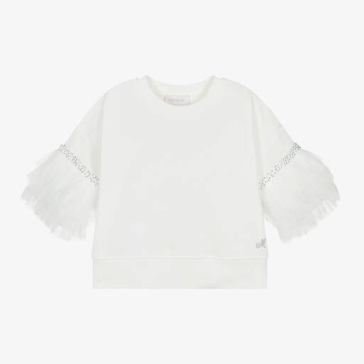 Monnalisa-Girls Ivory Diamanté Tulle Sweatshirt | Childrensalon Outlet