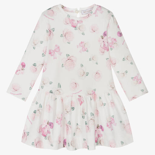Monnalisa-Girls Ivory Floral Cotton Dress | Childrensalon Outlet