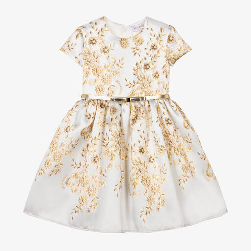 Monnalisa-Girls Ivory Floral Satin Dress | Childrensalon Outlet