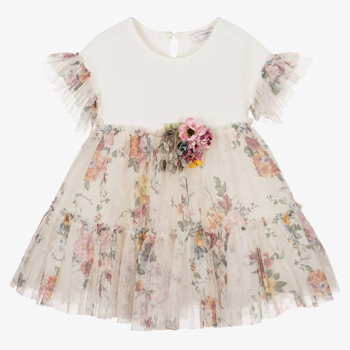 Monnalisa-Girls Ivory Floral Tulle Dress | Childrensalon Outlet