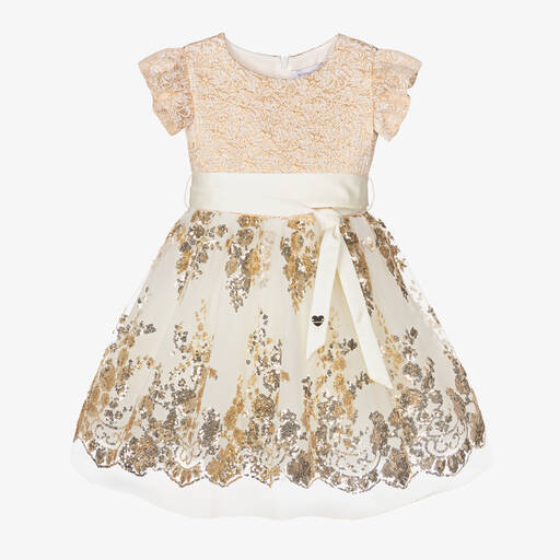 Monnalisa-فستان تول لون عاجي وذهبي مزين بترتر | Childrensalon Outlet