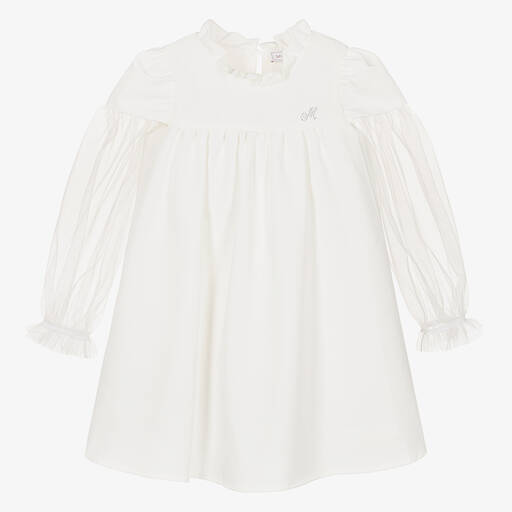 Monnalisa-Weißes, hochgeschlossenes Kleid mit Puffärmeln | Childrensalon Outlet