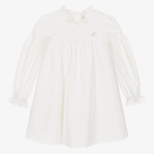 Monnalisa-Girls Ivory High-Neck Puff Sleeve Dress | Childrensalon Outlet