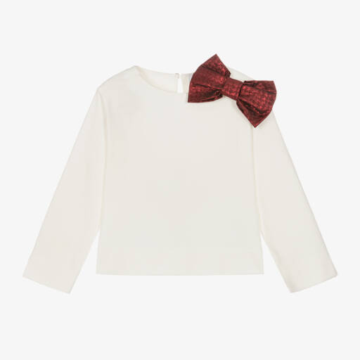 Monnalisa-Girls Ivory Jersey Top with Bow | Childrensalon Outlet