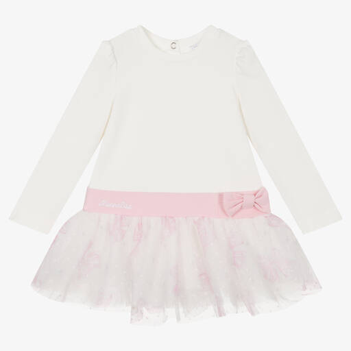 Monnalisa-Girls Ivory & Pink Cotton Bow Dress | Childrensalon Outlet