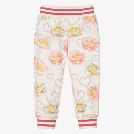 Monnalisa-Girls Ivory & Pink Cotton Floral Joggers | Childrensalon Outlet