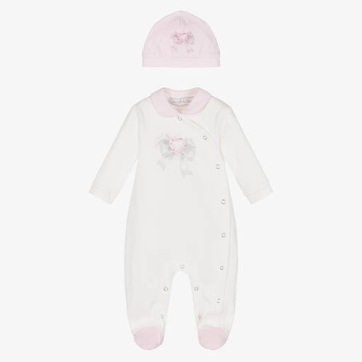 Monnalisa-Girls Ivory & Pink Crystal Heart Babygrow Set | Childrensalon Outlet