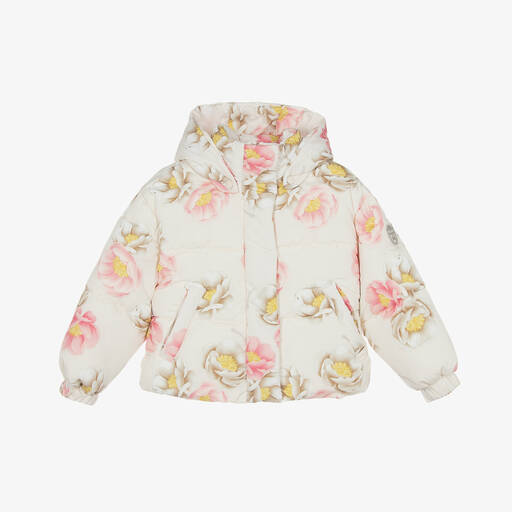 Monnalisa-Girls Ivory & Pink Floral Puffer Jacket | Childrensalon Outlet