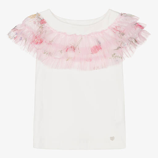 Monnalisa-Girls Ivory & Pink Floral Tulle T-Shirt | Childrensalon Outlet