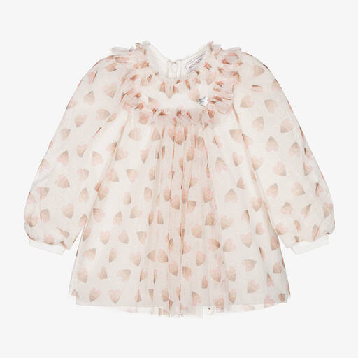 Monnalisa-Girls Ivory & Pink Hearts Tulle Dress | Childrensalon Outlet