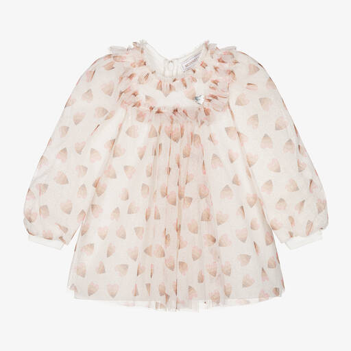 Monnalisa-Кремовое платье из тюля с розовыми сердечками | Childrensalon Outlet
