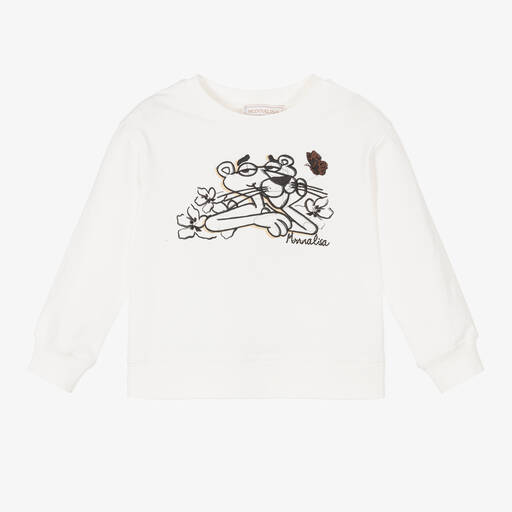 Monnalisa-Sweat-shirt ivoire Panthère rose | Childrensalon Outlet