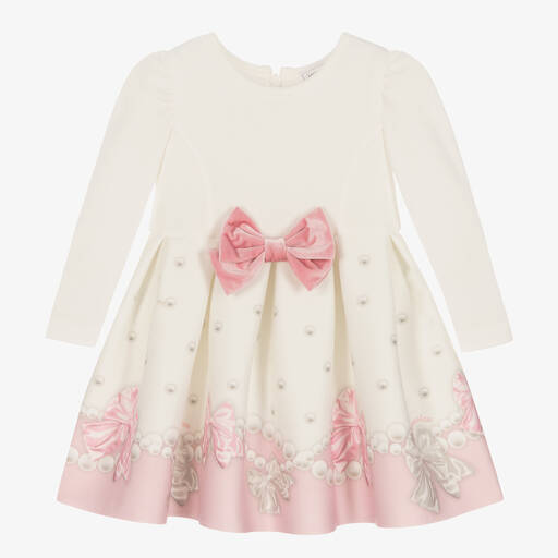 Monnalisa-Girls Ivory & Pink Pearl Bow Dress | Childrensalon Outlet