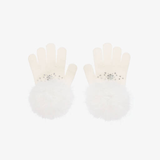 Monnalisa-Girls Ivory Pom-Pom Knit Mittens | Childrensalon Outlet
