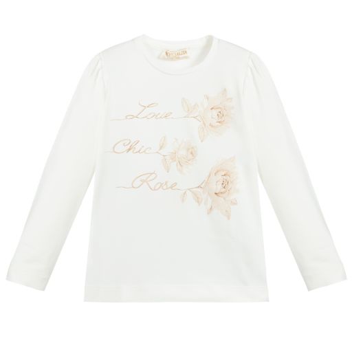 Monnalisa Chic-Girls Ivory Rose Cotton Top  | Childrensalon Outlet