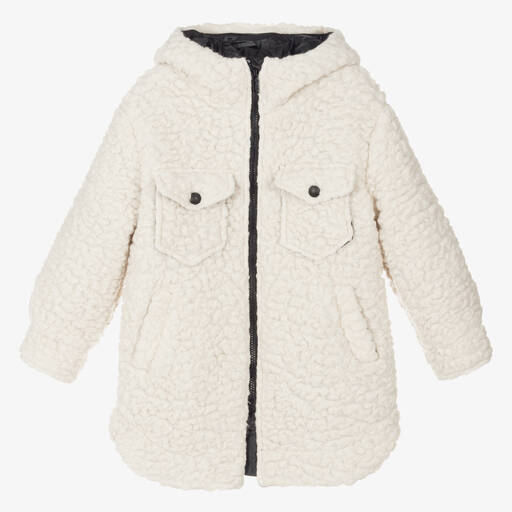 Monnalisa-Girls Ivory Sherpa Fleece Hooded Coat | Childrensalon Outlet