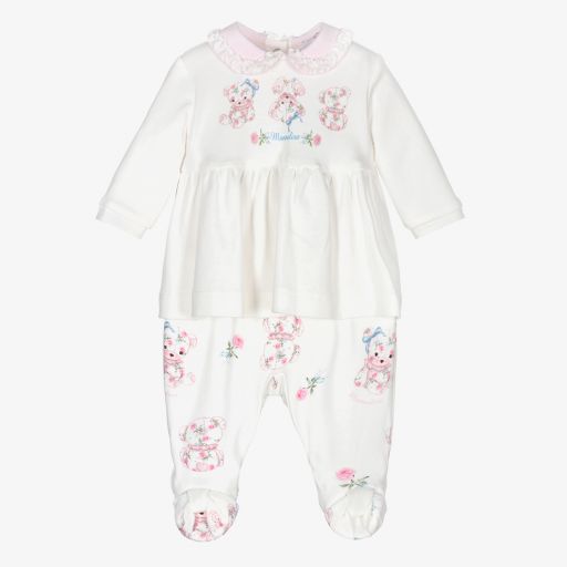 Monnalisa-Girls Ivory Teddies Babygrow  | Childrensalon Outlet