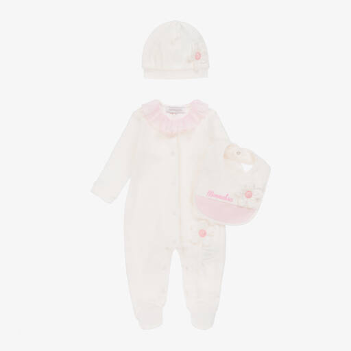 Monnalisa-Girls Ivory Velour Babysuit Ensemble | Childrensalon Outlet