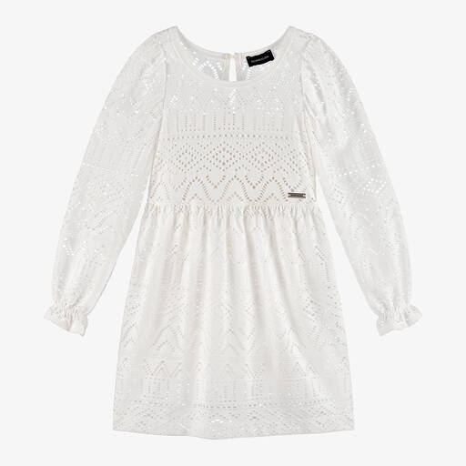 Monnalisa-Girls Ivory Viscose Cutwork Dress | Childrensalon Outlet