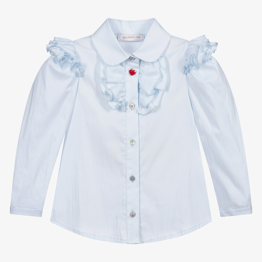 Monnalisa-بلوز مزيج قطن مزين بكشكش لون أزرق فاتح للبنات | Childrensalon Outlet
