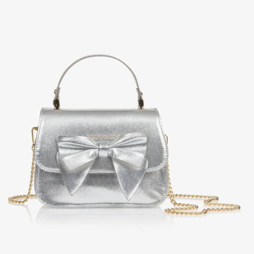 Monnalisa-Girls Metallic Silver Bow Handbag (19cm) | Childrensalon Outlet