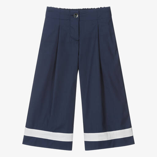 Monnalisa-Girls Navy Blue Cotton Wide-Leg Trousers | Childrensalon Outlet