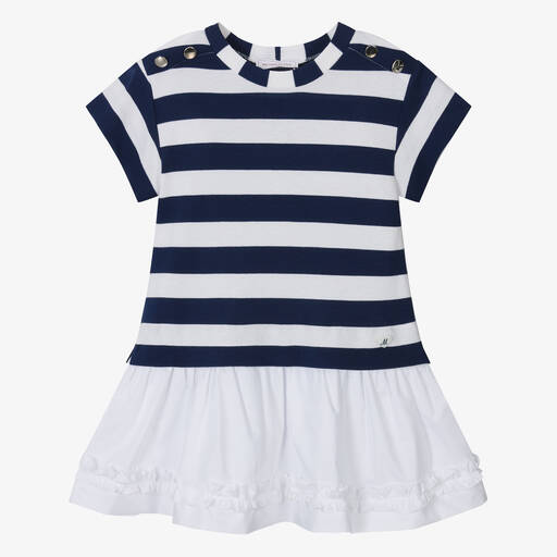 Monnalisa-Girls Navy Blue & Ivory Stripe Dress | Childrensalon Outlet