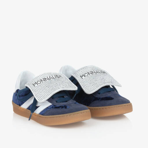 Monnalisa-Girls Navy Velvet & Leather Trainers | Childrensalon Outlet