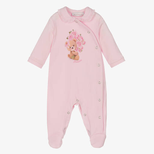 Monnalisa-Girls Pink Cotton Bear Logo Babygrow | Childrensalon Outlet