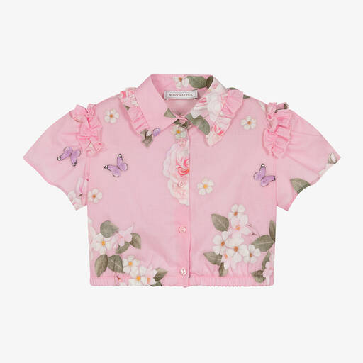 Monnalisa-Girls Pink Cotton Floral Cropped Blouse | Childrensalon Outlet