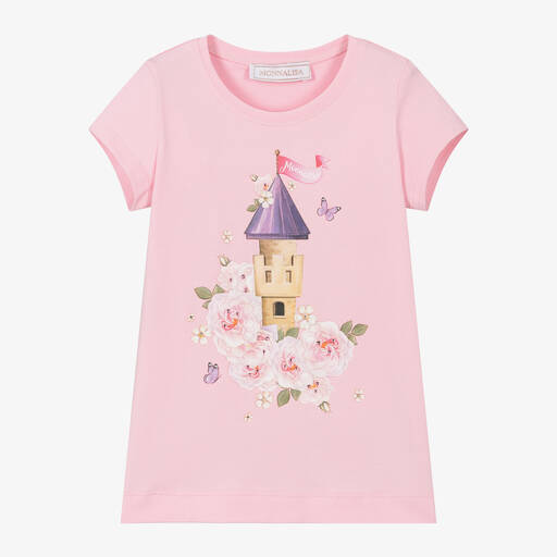 Monnalisa-Girls Pink Cotton Princess Castle T-Shirt | Childrensalon Outlet