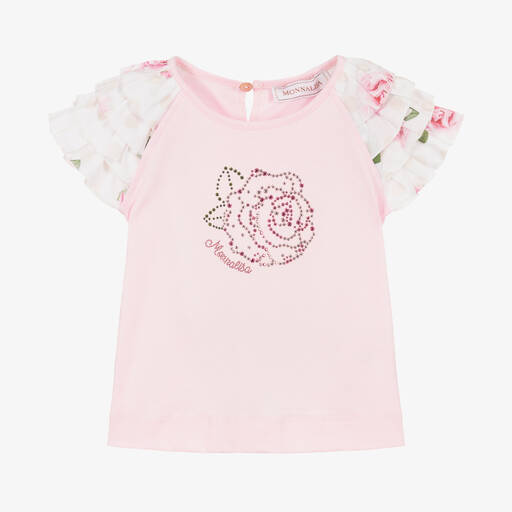 Monnalisa-Розовая хлопковая футболка с розой из стразов | Childrensalon Outlet