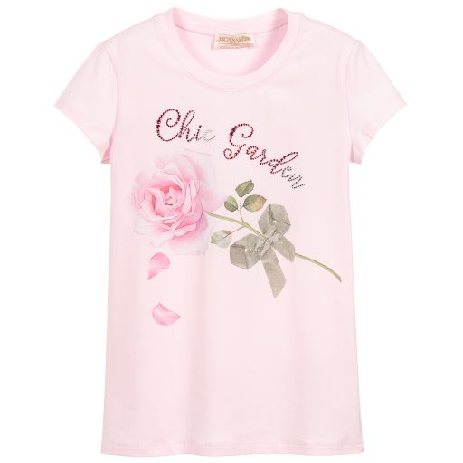 Monnalisa Chic-Girls Pink Cotton Rose T-Shirt | Childrensalon Outlet