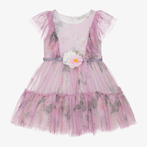 Monnalisa-Girls Pink Floral Tulle Dress | Childrensalon Outlet