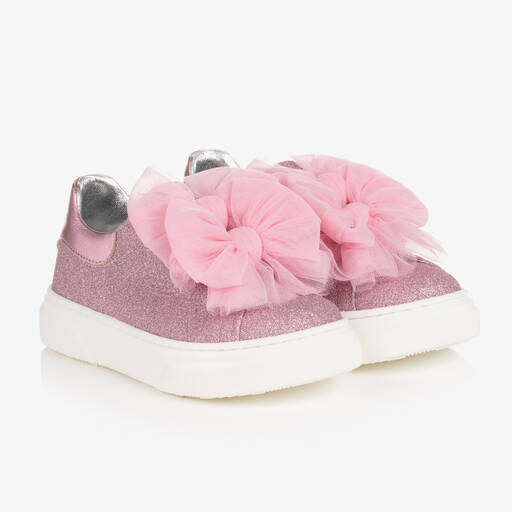 Monnalisa-Girls Pink Glitter Tulle Bow Trainers | Childrensalon Outlet