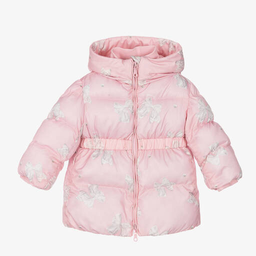 Monnalisa-Girls Pink & Ivory Bow Print Puffer Coat | Childrensalon Outlet