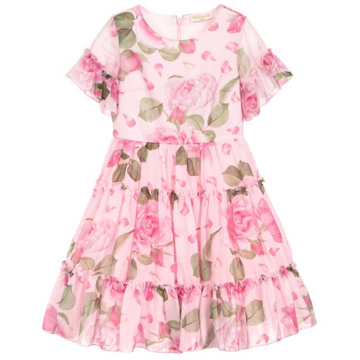 Monnalisa Chic-Girls Pink Roses Chiffon Dress | Childrensalon Outlet