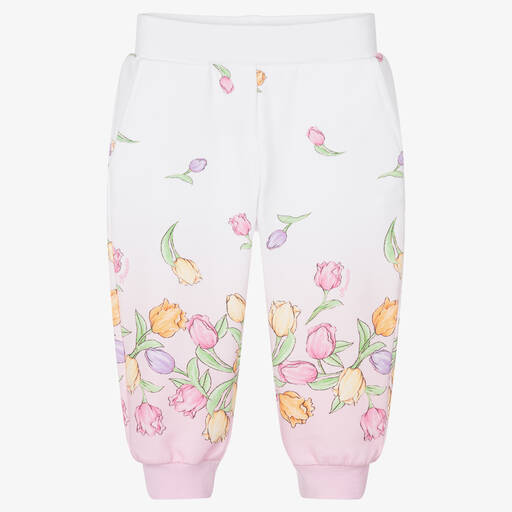 Monnalisa-Girls Pink & White Cotton Floral Joggers | Childrensalon Outlet