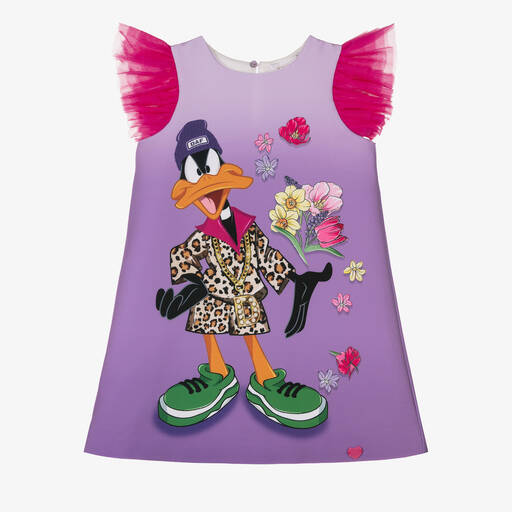 Monnalisa-Girls Purple Looney Tunes Satin & Tulle Dress | Childrensalon Outlet