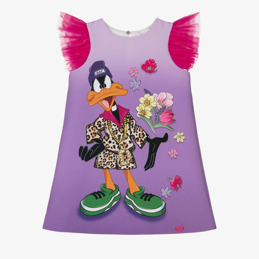 Monnalisa-Фиолетовое атласное платье Looney Tunes с тюлем | Childrensalon Outlet