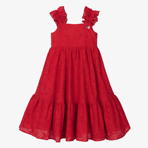 Monnalisa-Girls Red Cotton Broderie Anglaise Dress | Childrensalon Outlet