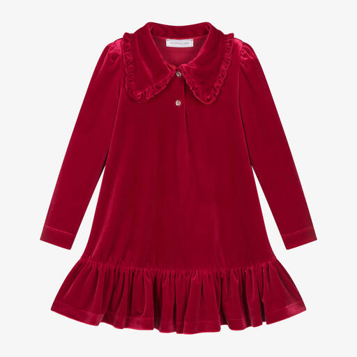 Monnalisa-فستان قطيفة لون أحمر مزين بكريستال | Childrensalon Outlet