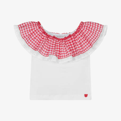 Monnalisa-Girls Red & White Check Ruffle Tee | Childrensalon Outlet