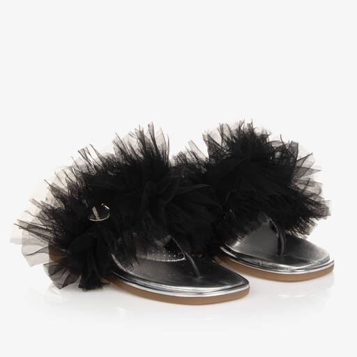 Monnalisa-Girls Silver & Black Ruffle Flip Flops | Childrensalon Outlet