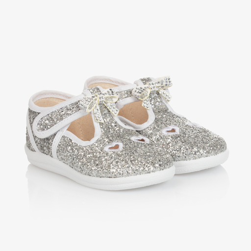 Monnalisa-Серебристые туфли с блестками и бантиками для девочек | Childrensalon Outlet