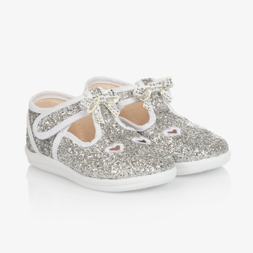 Monnalisa-Girls Silver Glitter Bow Shoes | Childrensalon Outlet